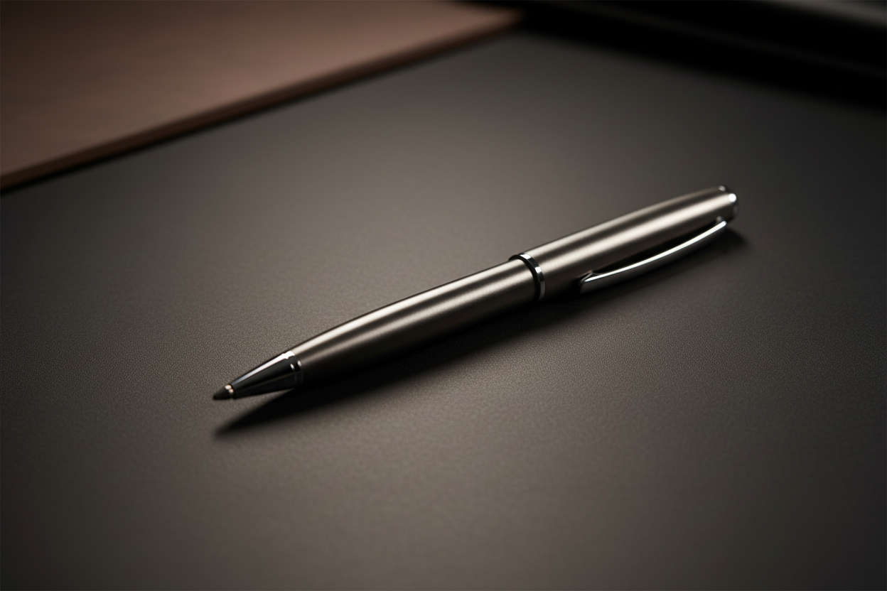 Minimal metallic ballpoint pen on a dark modern desk surface