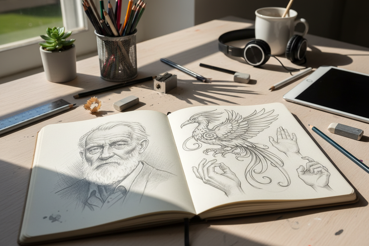Open sketchbook with pencil drawings on a creative desk workspace
