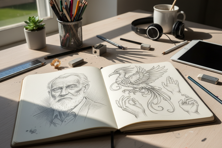 Open sketchbook with pencil drawings on a creative desk workspace