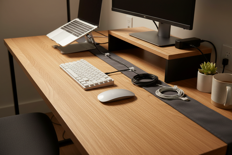A clean desk setup with cable clips, cable sleeves, charging cables, laptop, keyboard, and accessories for everyday workspace organization