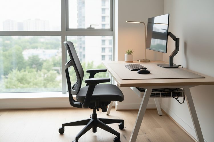 Modern home office desk setup with monitor and organized workspace