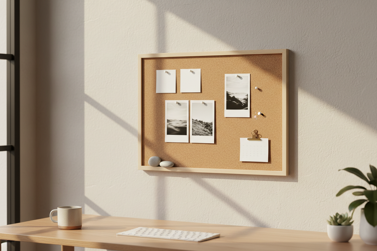 Minimal pin board organizing notes and photos above a modern desk setup
