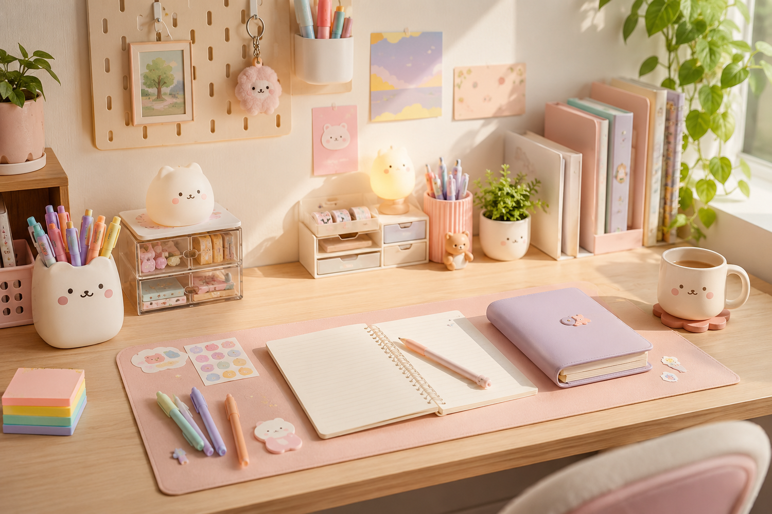 A cute kawaii desk setup with notebooks, pens, stickers, sticky notes, planners, and pastel desk accessories for everyday study and journaling