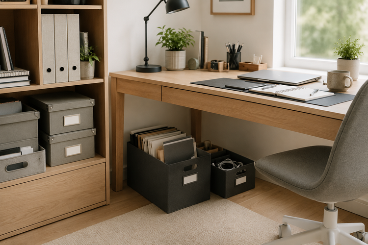A clean workspace with storage boxes, notebooks, papers, stationery, cables, and desk supplies for everyday organization