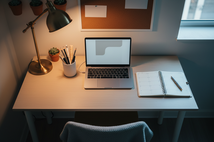 Compact college study desk setup in a dorm-style room
