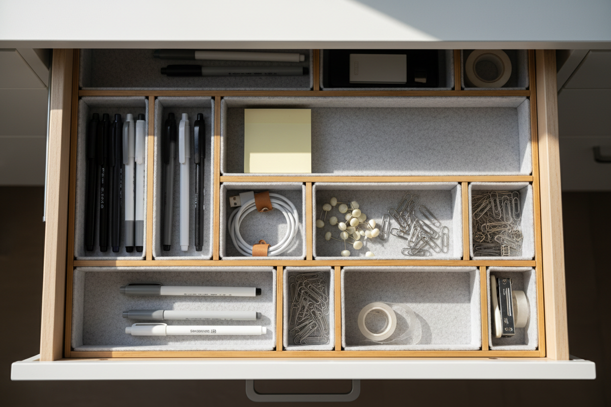 Open desk drawer with neatly organized storage dividers