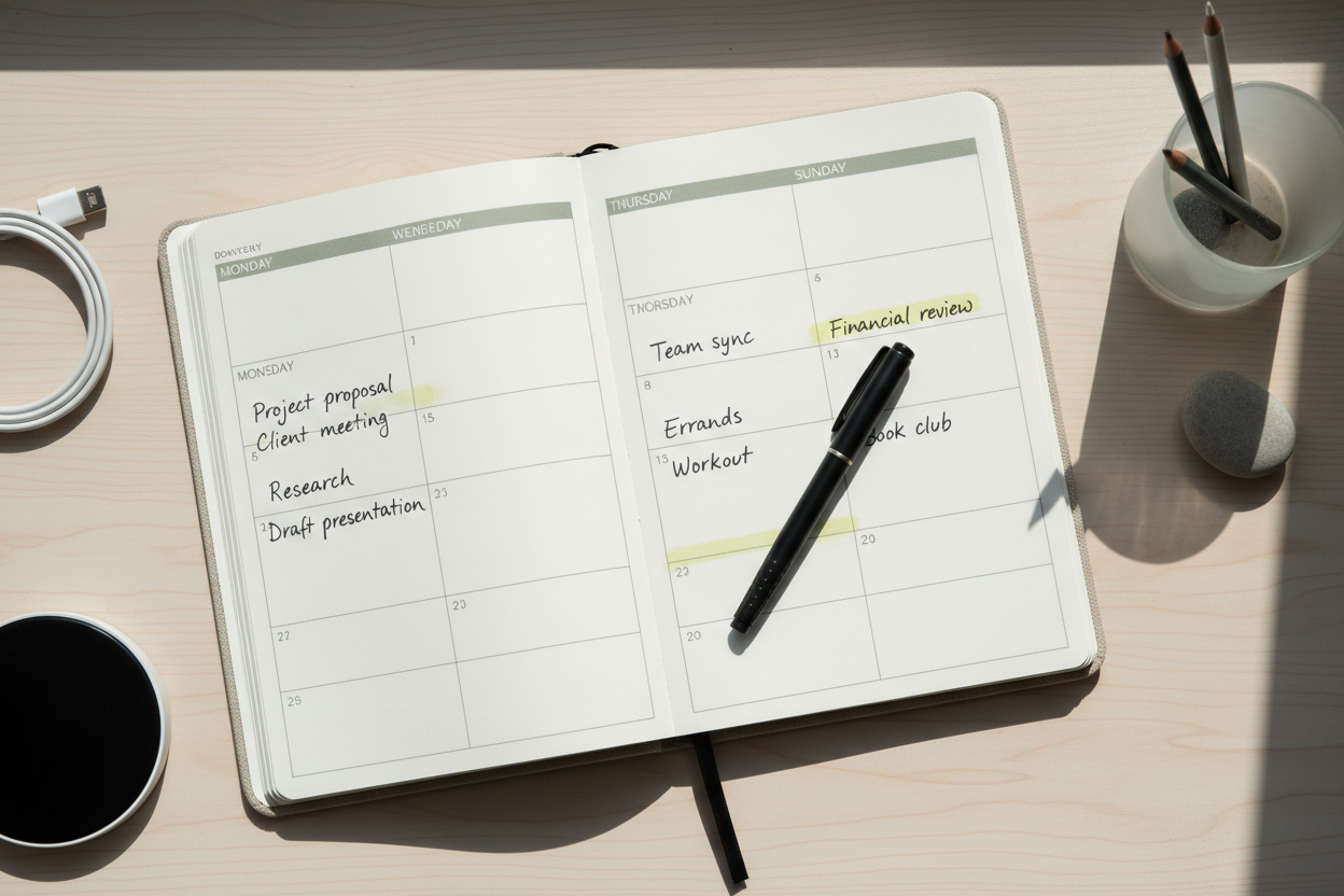 Open weekly planner with organized schedule on a clean desk