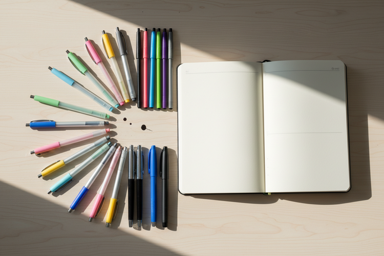 Assorted pens arranged neatly beside an open notebook