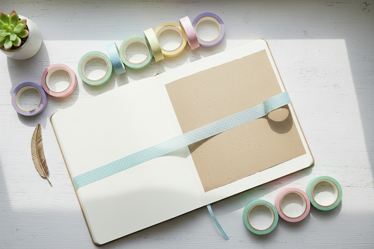 Pastel washi tapes arranged on a clean desk with an open journal