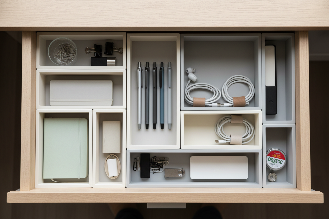 Minimal drawer organizers neatly arranging stationery and accessories inside a desk drawer