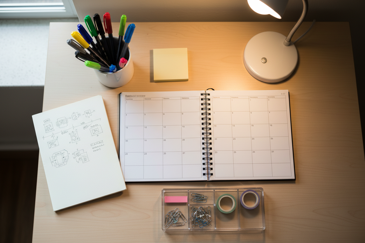 Dorm-style college study desk with organized essential tools