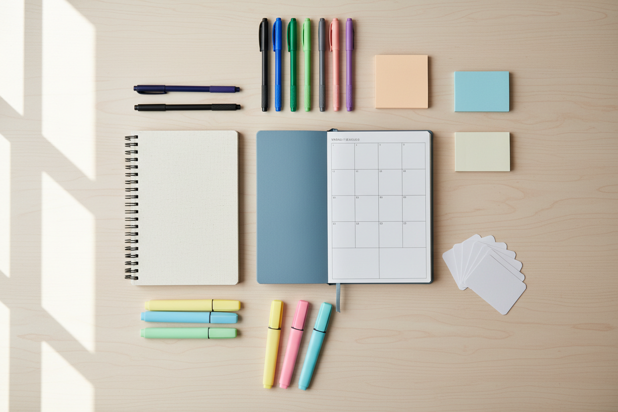 Organized flat lay of planners, pens, and essential study tools