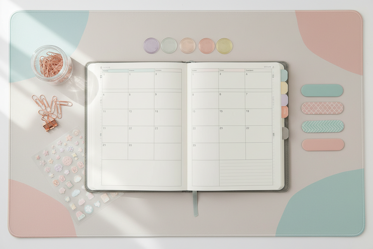 Planner accessories arranged around an open planner on a clean desk