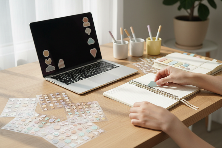 Minimal desk with subtle aesthetic stickers applied in a modern workspace