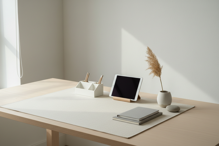 Neutral minimalist desk accessories arranged in a clean workspace