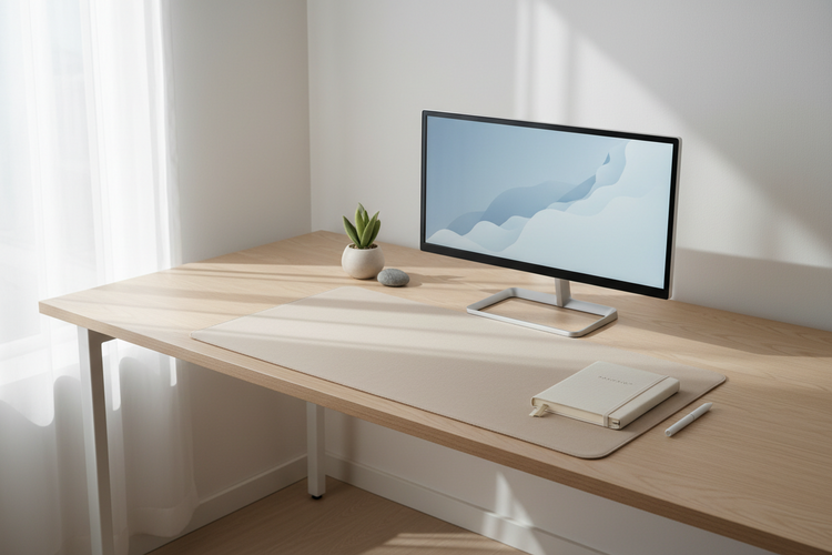 Clean minimalist desk setup with neutral tones and open space