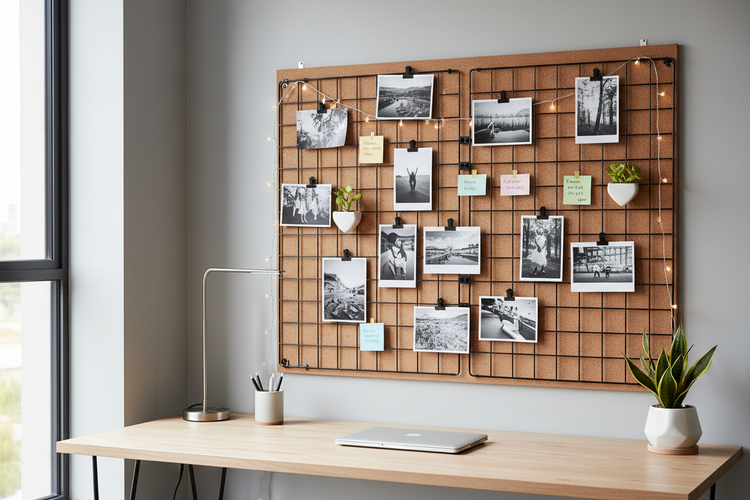 Wall-mounted pin board and grid organizer above a modern desk