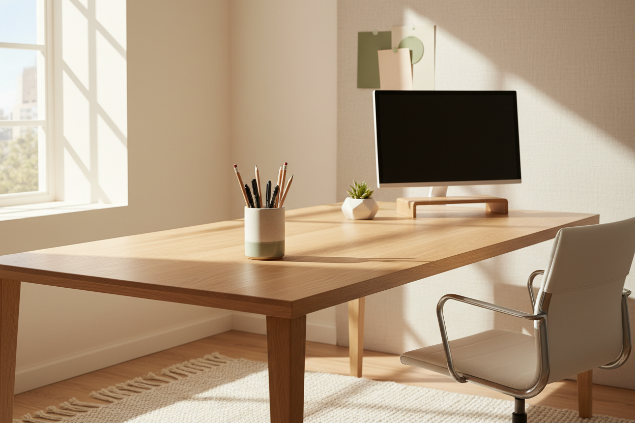 Minimal pen holder with neatly arranged pens on a bright modern desk setup