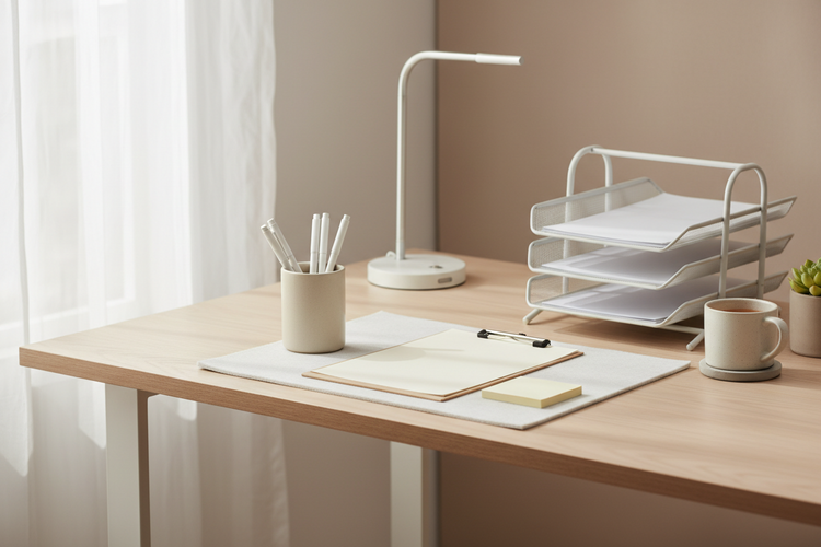 Organized desk with basic desk supplies in a minimalist home office setup