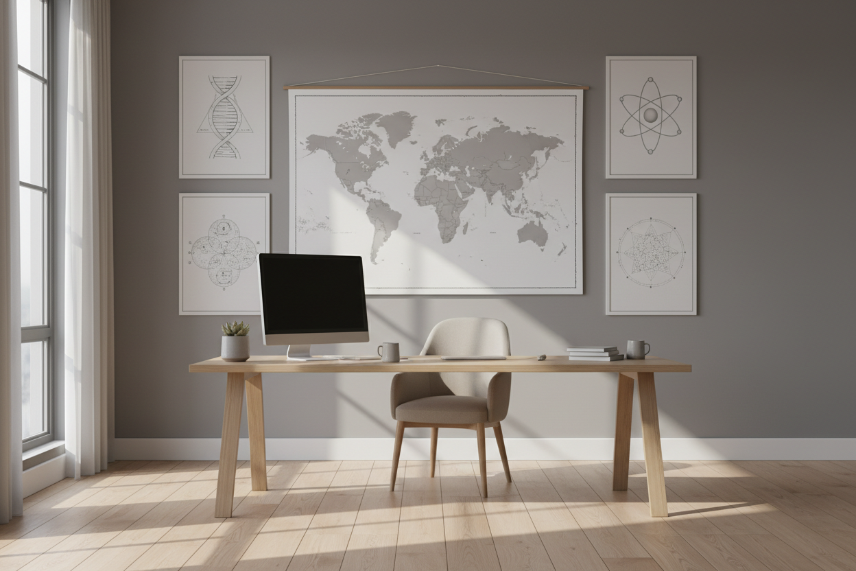 World map and science posters displayed above a modern study desk