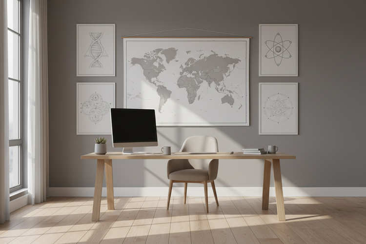 World map and science posters displayed above a modern study desk