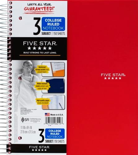 Five Star 06210 Wirebound 3-Subject Notebook, College Rule, 11 x 8 1/2, 150 Sheets, Assorted