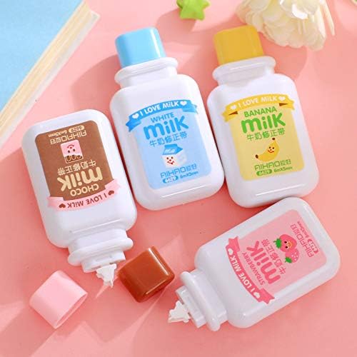 Brccee AC 4PCS Milk Bottle Correction tape Kawaii Cartoon Stationery Cute Students School Office Supplies (Brown, Blue, Yellow, Pink - Delivery with Random Color)