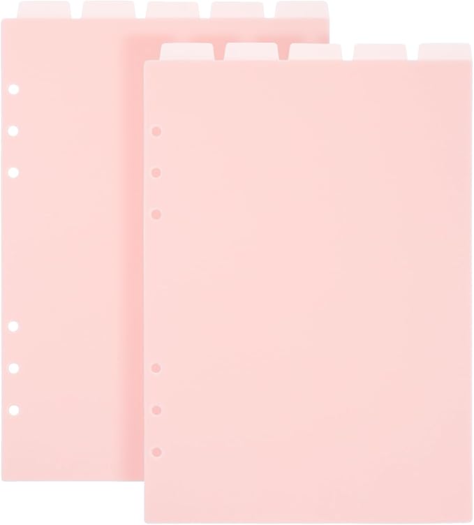 2 Set 6-Ring A5 Binder Dividers, Top 5 Tabs Plastic Binder Index Dividers for 6-Holes Ring Binders, Planner Insets Pink Vertical Tabs Divider Page Protectors for School Office Home Notebook Planner