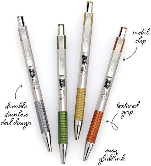 Zebra Pen F-301 Signature Series Retractable Ballpoint Pen, 0.7mm, Black Easy-Glide Ink, Stainless-Steel Barrel, Pewter Earth Tone Accents, Ideal for Office, Journal and Planner Use, 4-Pack (27214)