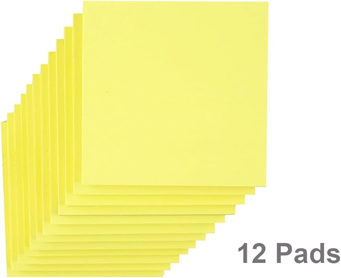 (12 Pads) Sticky Notes 3x3 in Yellow, Strong Adhesive, Clean Removal, Recyclable, Self-Stick Pads, Easy to Post for Home, Office, Notebook
