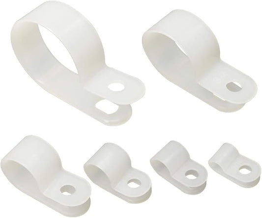 Cable Clamp 200 Pcs Black Nylon Screws Plastic R-Type Cable Clamp Clips Fasteners Assortment for Cable Conduit 6 Sizes 3/16" to 1" - White