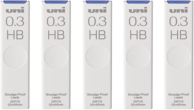 Uni Pencil Lead, The Uni Smudge-Proof Leads, 0.3mm HB, 25 Leads x 5 Pack