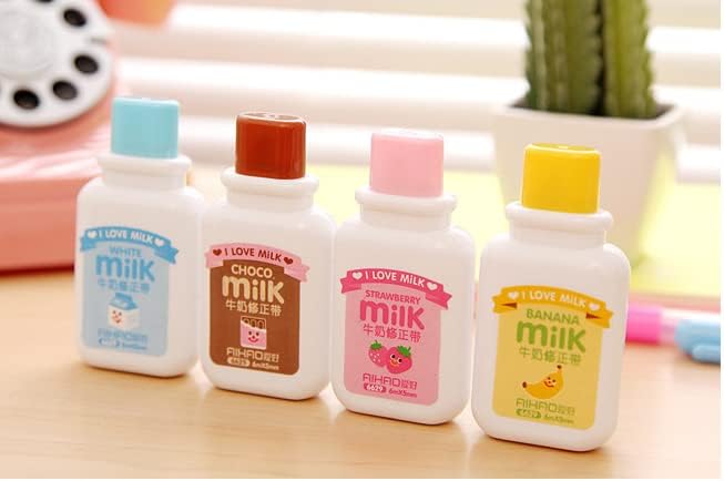 Brccee AC 4PCS Milk Bottle Correction tape Kawaii Cartoon Stationery Cute Students School Office Supplies (Brown, Blue, Yellow, Pink - Delivery with Random Color)