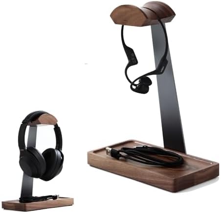 Walnut Headphone Stand, Wood Headset Stand for Desk, Gaming Headphone Holder with Storage Base Compatible with Airpod max, Bose, Razer, Sennheiser, Jabra, JBL, AKG, Grey
