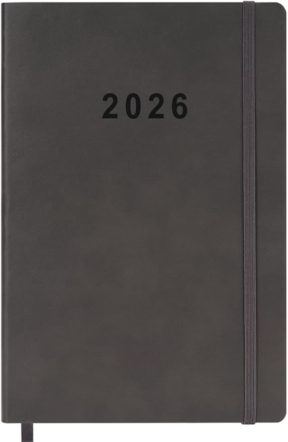2026 Planner - Weekly and Monthly Planner, Jan 2026 - Dec 2026, Holidays, Contacts and Notes Pages, Vegan Leather Cover, Elastic Closure, 5.5”x8.25”, Grey