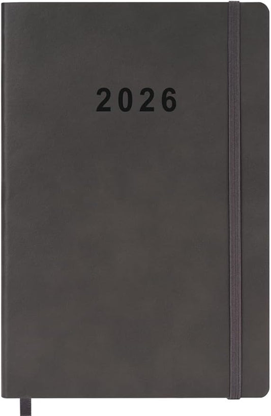 2026 Planner - Weekly and Monthly Planner, Jan 2026 - Dec 2026, Holidays, Contacts and Notes Pages, Vegan Leather Cover, Elastic Closure, 5.5”x8.25”, Grey