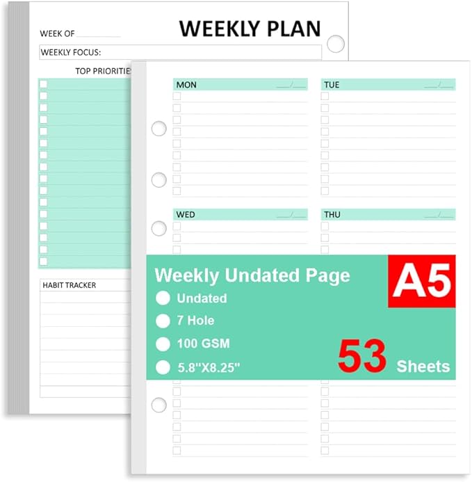 Undated Weekly Planner Refills for A5 Planner Binder - 53 Sheets/106 Pages Undated Colorful Weekly Planner Inserts, 7-Hole Punched, Weekly Plan (Left), Daily Details (Right), A5 Planner Inserts, Lasts 1 Year, Undated, 5.8" x 8.25"