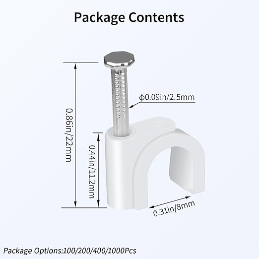LeMotech Cable Clips, 100pcs 8mm Wire Wall Clips with Steel Nails, Coaxial Nail Clamps for Cable Cord Management RG6 RG59 CAT5e CAT6 RJ45 Ethernet Cable Clamps, White