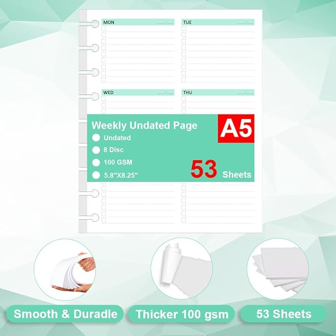Undated Weekly Planner Refills for A5 Planner Binders - 53 Sheets/106 Pages Undated Colorful Weekly Planner, 8 Discbound, TUL Planner Refills, Weekly Plan (Left), Daily Details (Right), Lasts 1 Year, 5.8" x 8.25"