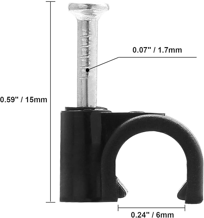 100pcs 1/4" / 6mm Half Clamp J-Hook with Nail, Nail in Cable Clips Ethernet Cable Nails Tacks Clips, Black