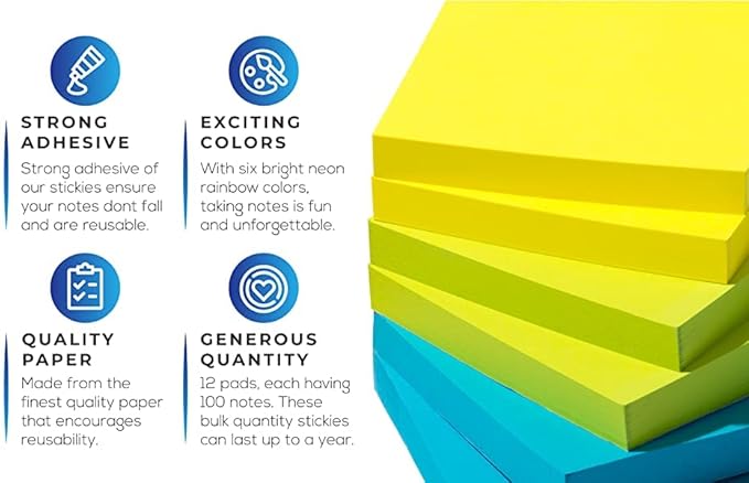 Sticky Notes 3x3 (12 Pads/1200 Sheets) – 2026 Improved Adhesive, Super Sticky & Bright Neon Colors – 1200 Sheets – Ideal for School, Office & Desk Supplies