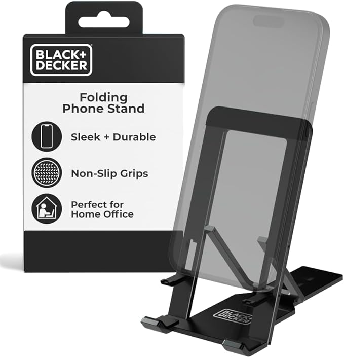 BLACK+DECKER Phone Stand for Desk - Folding Cell Phone Stand Holder - Adjustable and Portable, Folds Down Flat - for Office, Gaming, Bed, Travel - Phone Kickstand Compatible with iPhone
