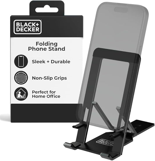BLACK+DECKER Phone Stand for Desk - Folding Cell Phone Stand Holder - Adjustable and Portable, Folds Down Flat - for Office, Gaming, Bed, Travel - Phone Kickstand Compatible with iPhone