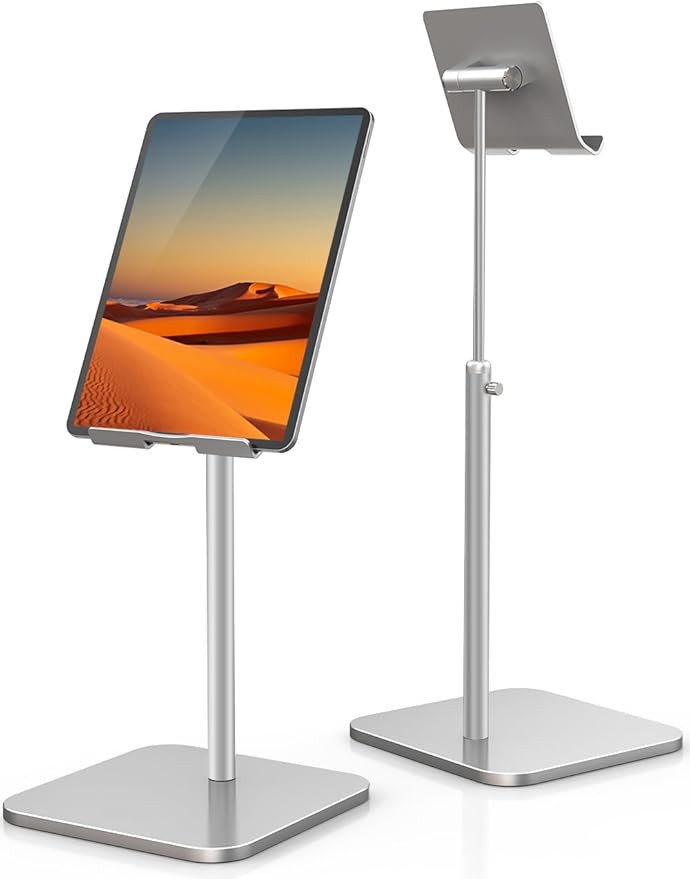 Tablet Stand Height Angle Adjustable, Eye-Level Desktop iPad Stands Tablet Holder for Home Office, Cradle Dock for iPad Pro 12.9, Air Mini 4, Kindle, E-Reader, Nexus, iPhone (4-13'') Silver