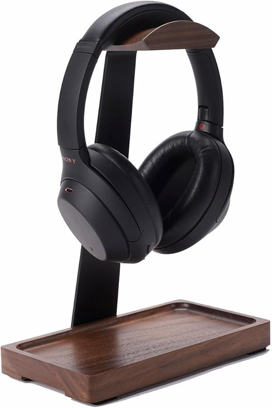 Walnut Headphone Stand, Wood Headset Stand for Desk, Wooden Universal Headphone Holder with Storage Base for Gaming, AirPods Max, Bose,Razer, Sennheiser (Black)
