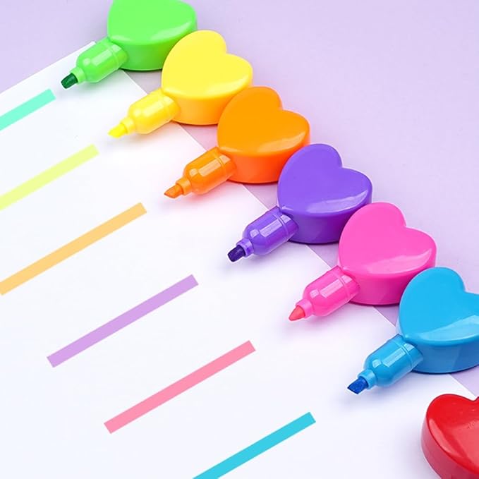 Set of 6 Love Heart Shape Color Highlighter Markers with 1 Red Heart Cap, Multicolor Highlighter Pens for Office.