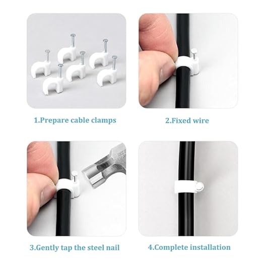 HS Cable Clips 10mm with Steel Nail 200 Pieces White，Ethernet Management U Shaped Wire Cord Staples Hooks for Outdoor Wall,Coax Cat8 RG8 Cable Extension Fasteners