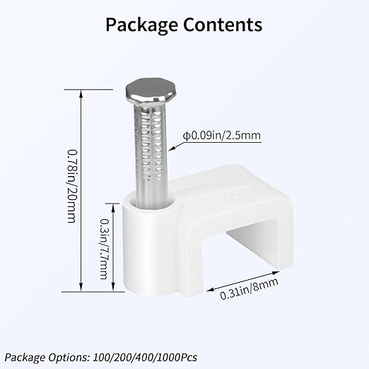 LeMotech Flat Cable Clips, 1000pcs 8mm Wire Wall Clips with Steel Nails, Coaxial Nail Clamps for Cable Cord Management CAT5 CAT5e CAT6 CAT7 RJ45 Ethernet Cable Clamps, White