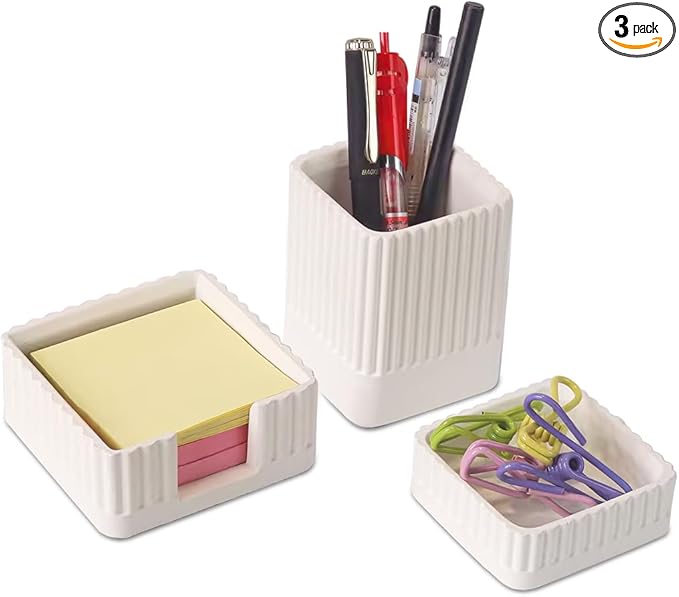 Aesthetic Concrete Desk Organizer Set of 3 - Stylish & Durable Office Accessories - Includes Pen Holder, Paperclip Storage, and Sticky Note Holder for a Clean, Modern Workspace (White)