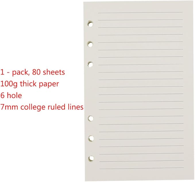 6-Ring A6 Binder/Planner Refill Paper, 6 Hole,6 3/4 x 4 1/8 Inches Refillable White Paper for Loose Leaf Binder Notebook Diary Traveler Journal Inserts, 80 Sheets/160 Pages,Lined